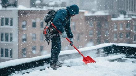 Man skottar snö från tak